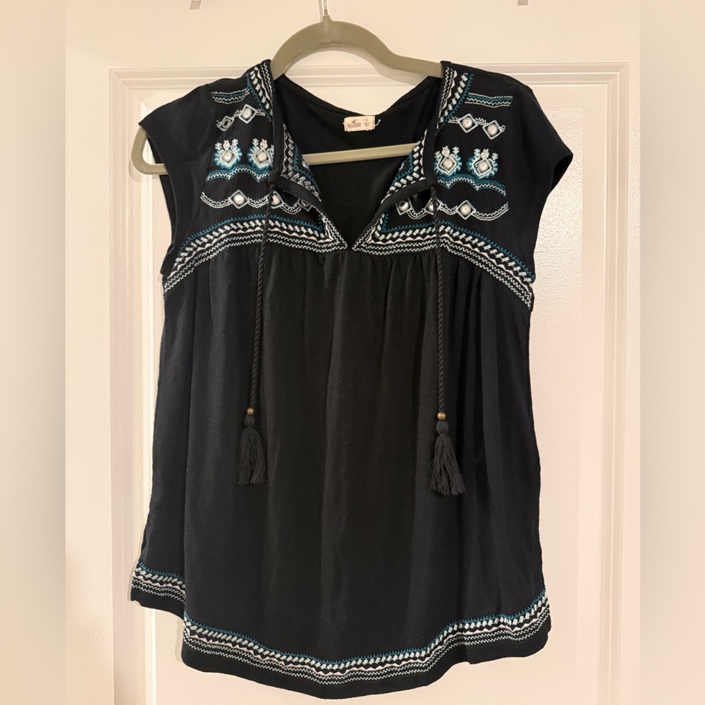 Hollister Black Blouse with Blue Embroidery